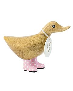 DCUK Natural Wooden Ducky Spotted Welly Boots (Pink)